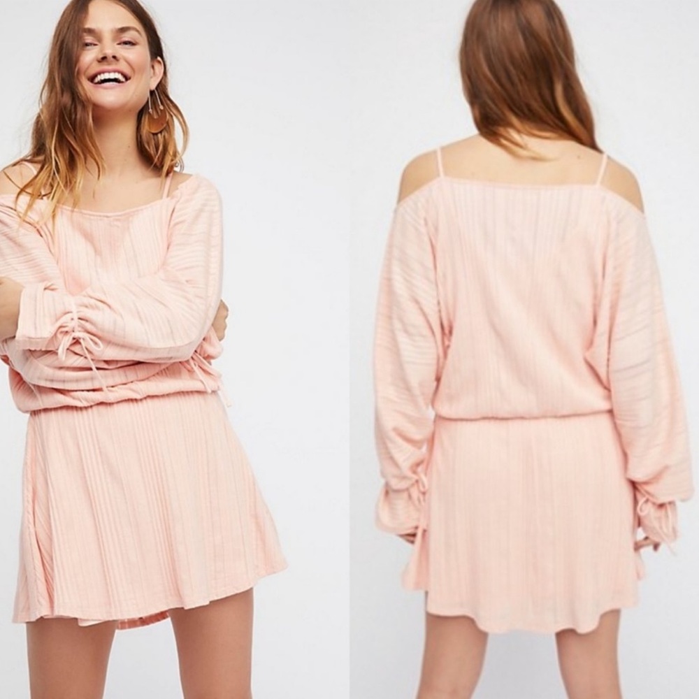 NWT Free People Beach Soak Up The Sun Cold Shoulder Mini Dress Peach Sz S